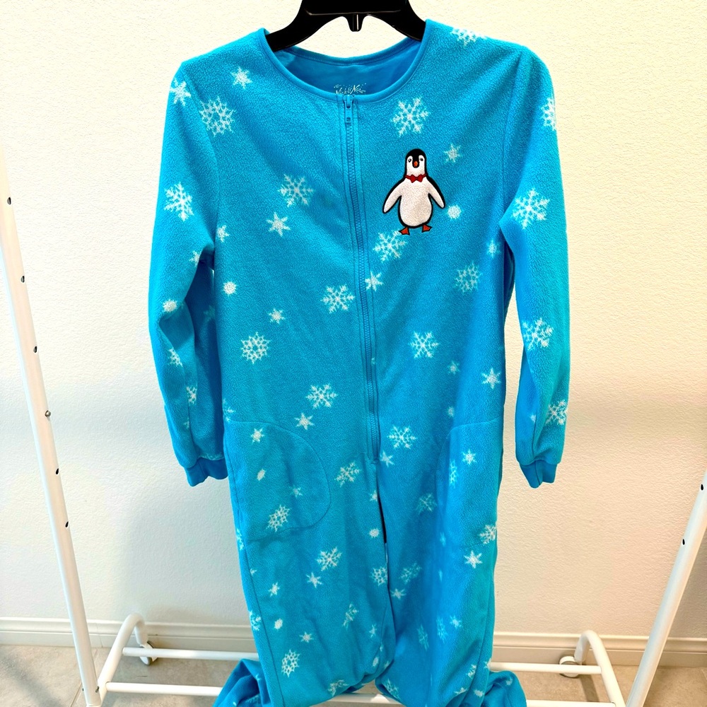 Blue penguin and snowflake onesie.